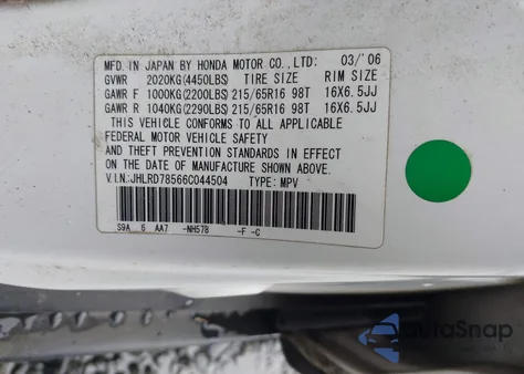 2006 Honda Cr-V Lx from USA, damaged, VIN JHLRD78566C044504